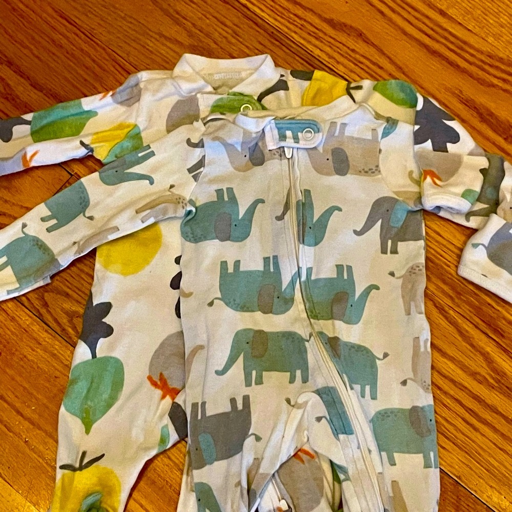 2 Baby Onesies with Elephant and Fruit Patterns